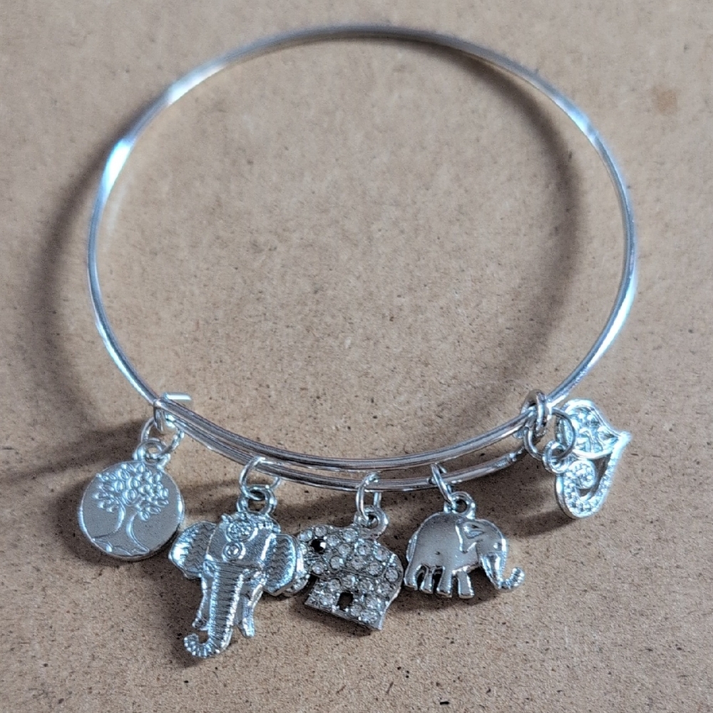 Silver Charm Bracelet with Elephant and Tree Pendants